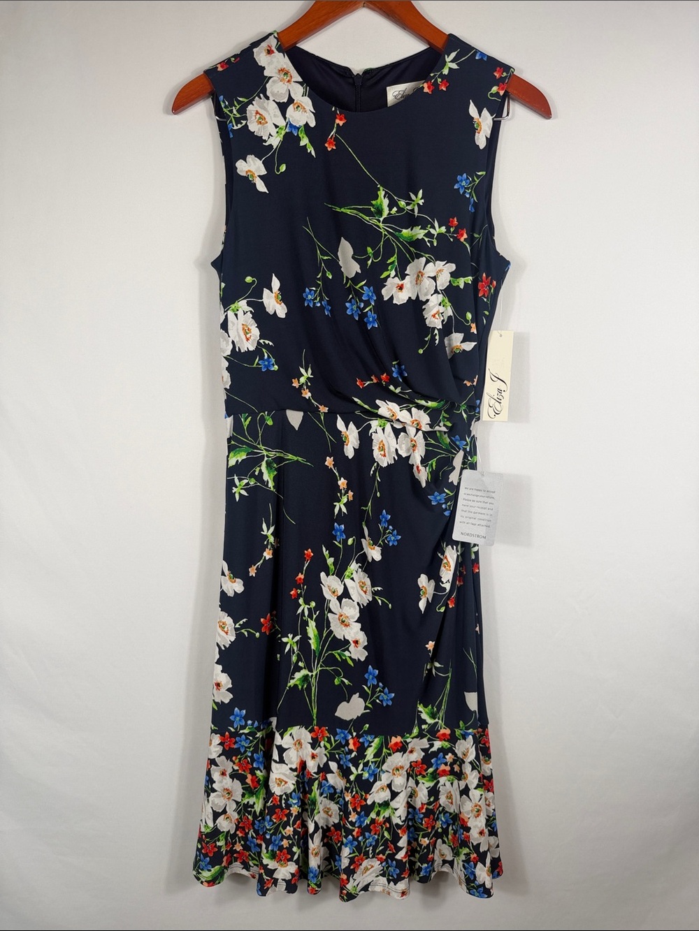 Eliza J Sleeveless Navy Floral Midi Dress. NWT Women’s Size 6. Gathered at Side